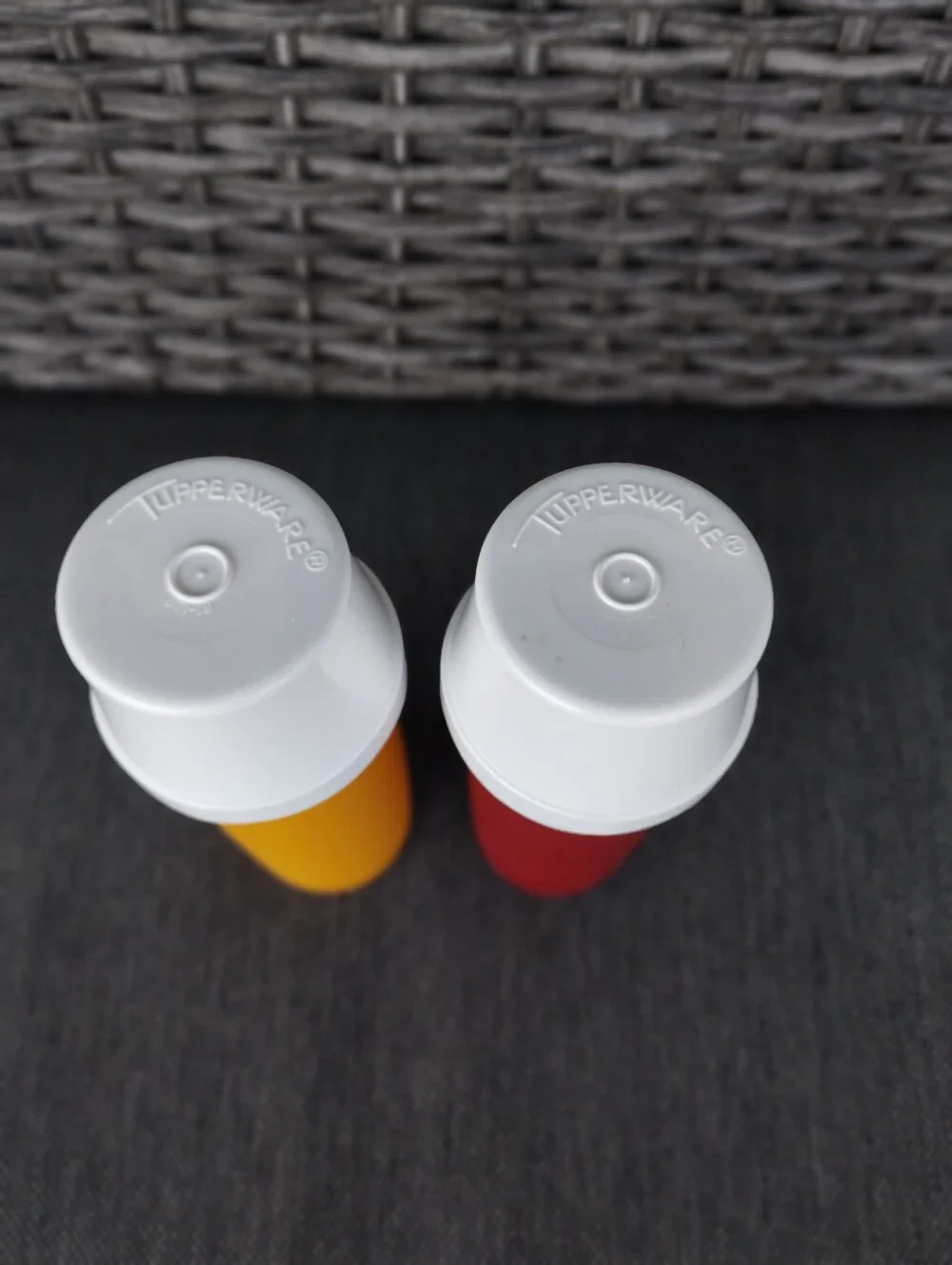 Vintage Tupperware Ketchup Mustard Pump Dispensers Red Yellow Cups Set